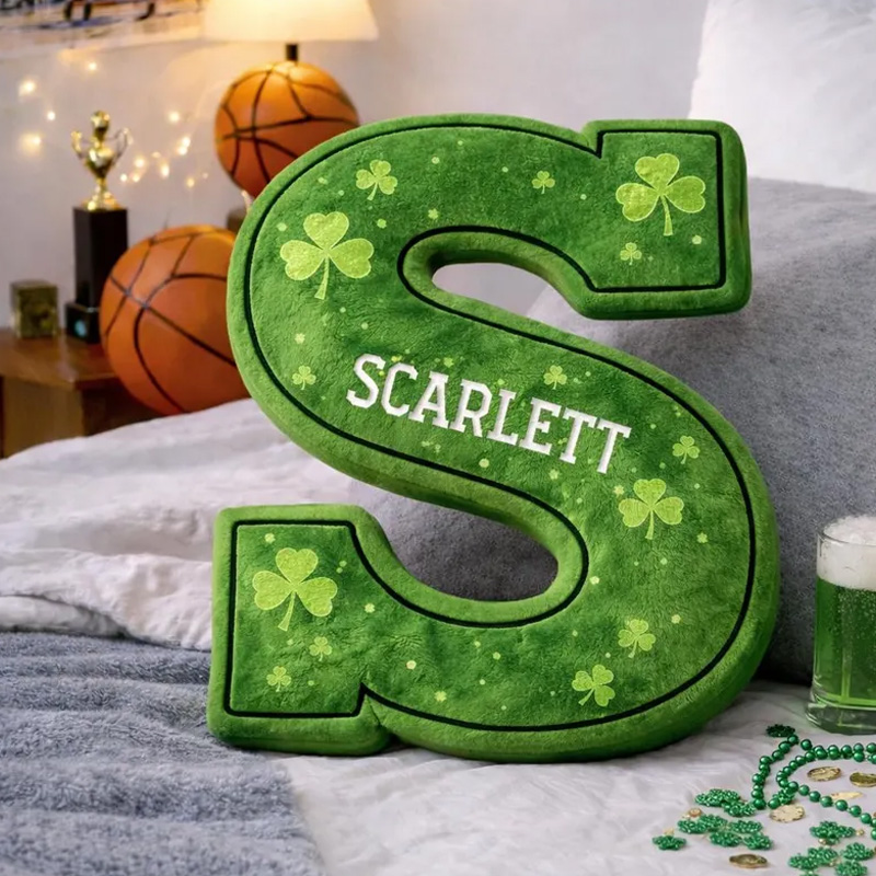 Personalized Bright Green Clover Leaf Custom Name Initial Shaped Decorative 3D Print Pillow