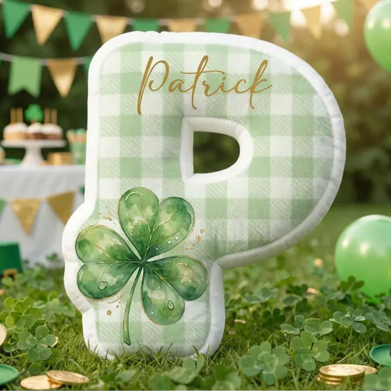 Personalized Cute Shamrock Custom Name Initial Shaped Green Check Decorative 3D Print Pillow
