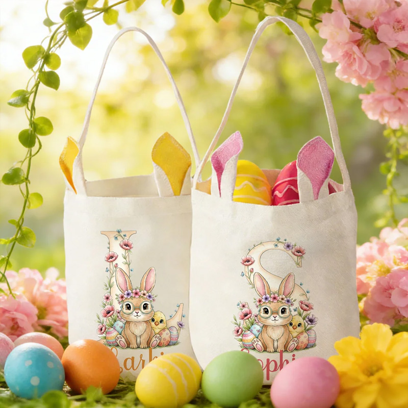 Personalized Flower Cute Bunny Ears Rabbit Easter Basket with Name and Initial Eggs Hunting Party Favor Easter Gift for Kids