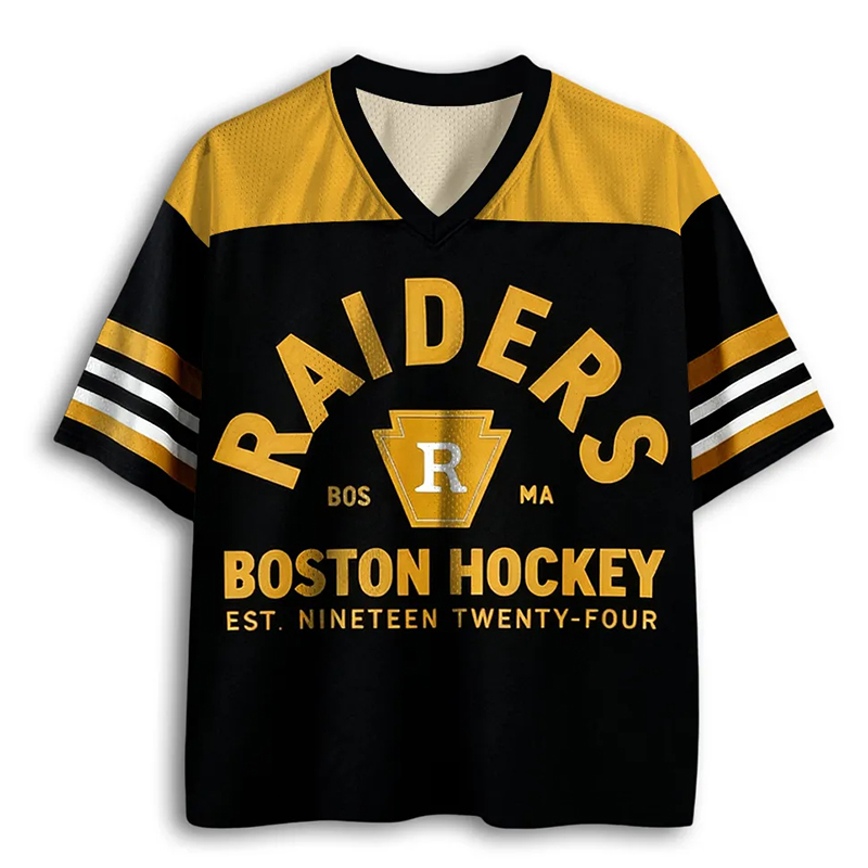 Personalized Black Gold Boston Raiders Hockey Team Mesh Jersey for Ice Hockey Lovers
