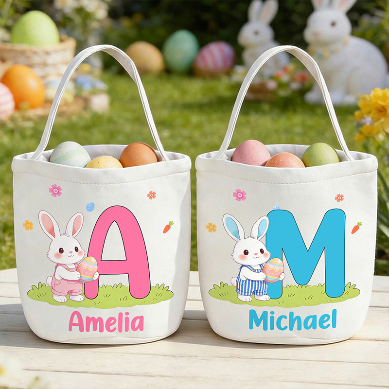 Personalized Adorable Bunny With Egg Custom Name Initial Shaped Holiday Basket