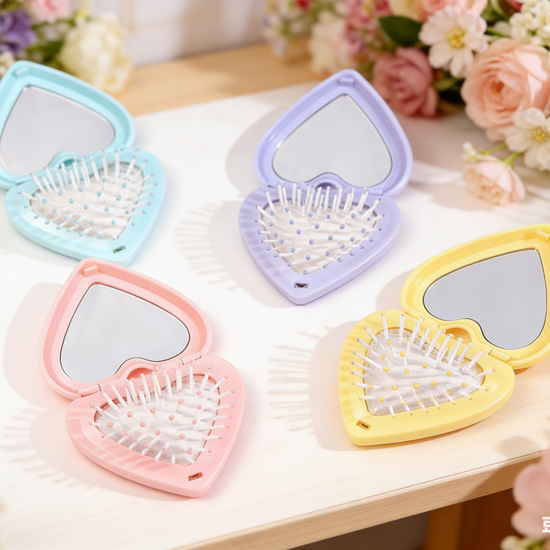Personalized Lovely Heart Style Custom Name Mini Mirror Detangling Travel Folding Cushion Comb