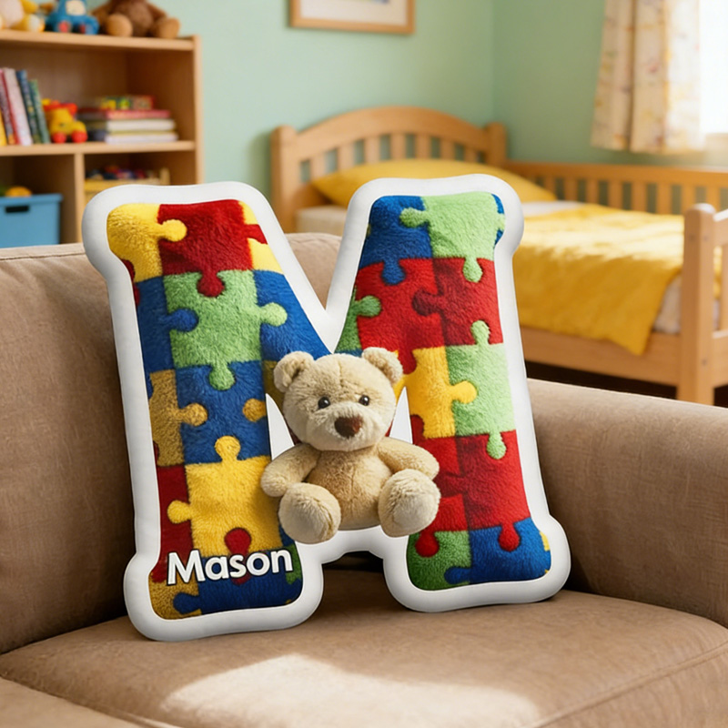 Personalized Colorful Puzzle Piece Initial Custom Name Kids Room Decor Soft 3D Print Pillow