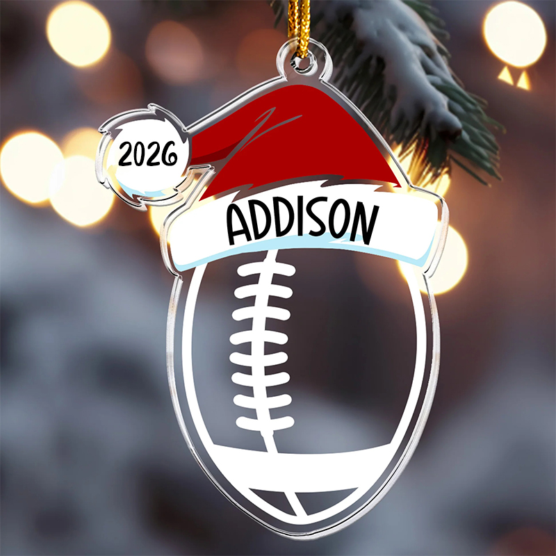 Personalized Sports Themed Ornament with Santa Hat Design and Custom Name and Year  
