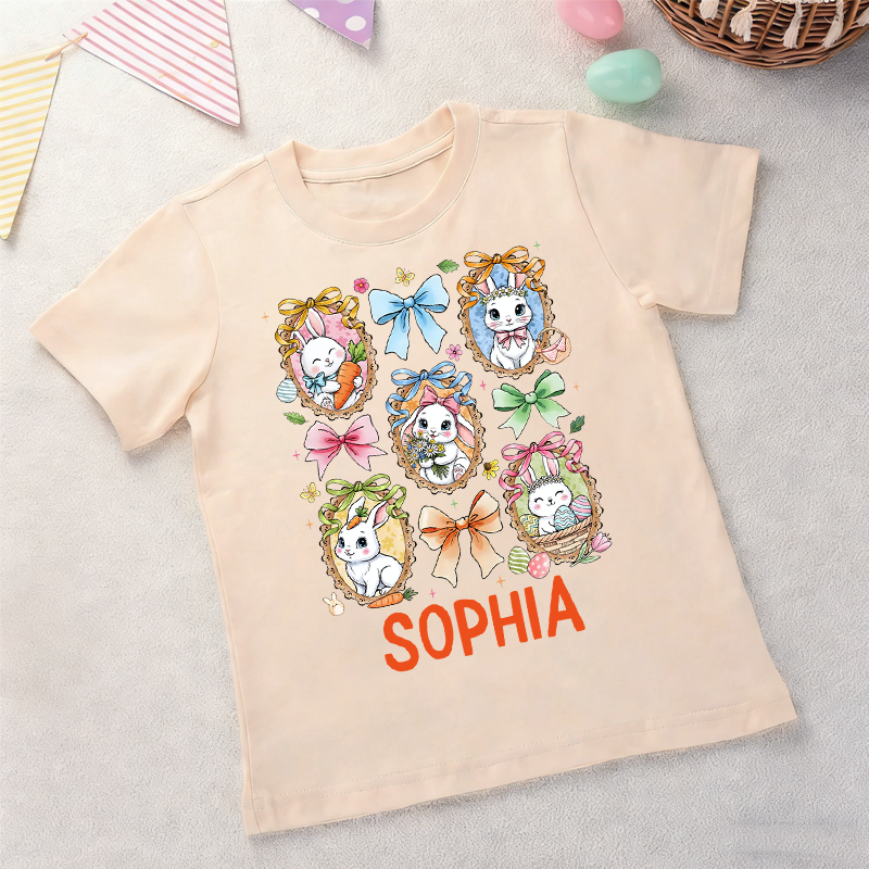 Personalized Cute Floral Coquette Easter Bunny  100% Cotton Kid T-shirt with Name Easter Egg Hunt Easter Gift for Boys Girls