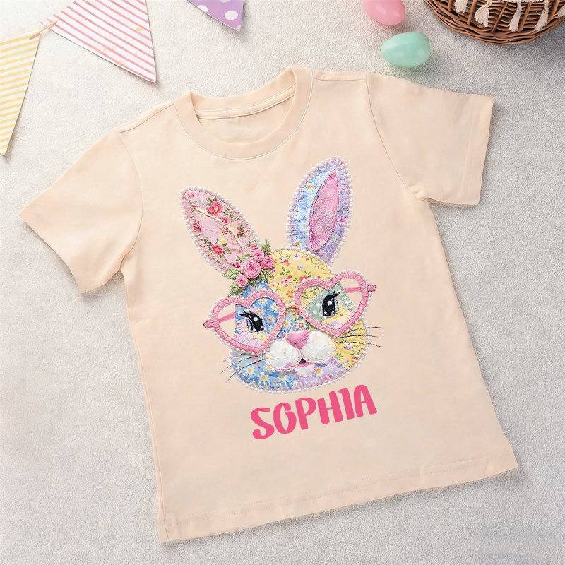 Personalized Cute Floral Bunny Patchwork 100% Cotton Kid T-shirt with Name Easter Egg Hunt Easter Gift for Boys Girls
