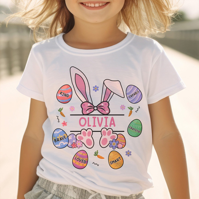 Personalized Cute Bunny Ears Easter Eggs Custom Name Holiday Gift Spring Outfit Kid T-shirt