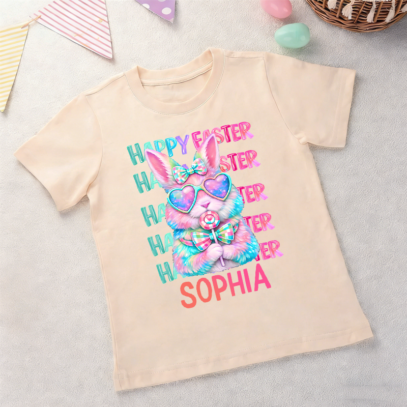 Personalized Coquette Easter Bunny 100% Cotton Kid T-shirt with Name Easter Egg Hunt Easter Gift for Boys Girls