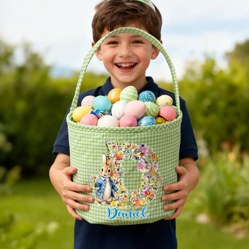 Personalized Cute Flower Rabbit Easter Basket with Name and Initial Easter Eggs Hunting Party Favor Gift for Boys Girls
