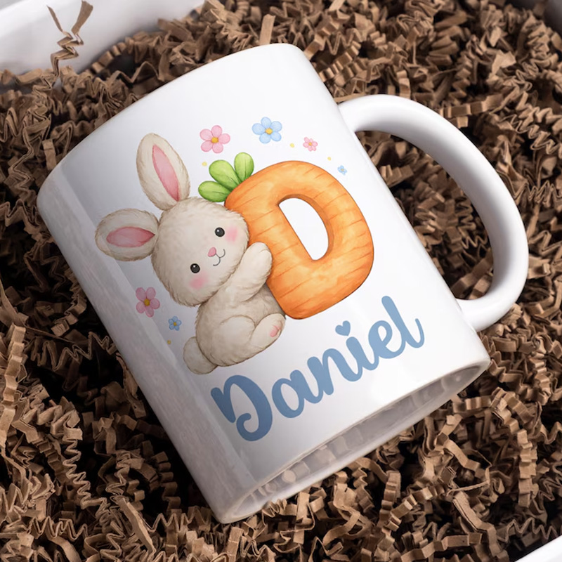 Personalized Cute Bunny Carrot Letter Custom Name Easter Gift Adorable Kids Cup Mug