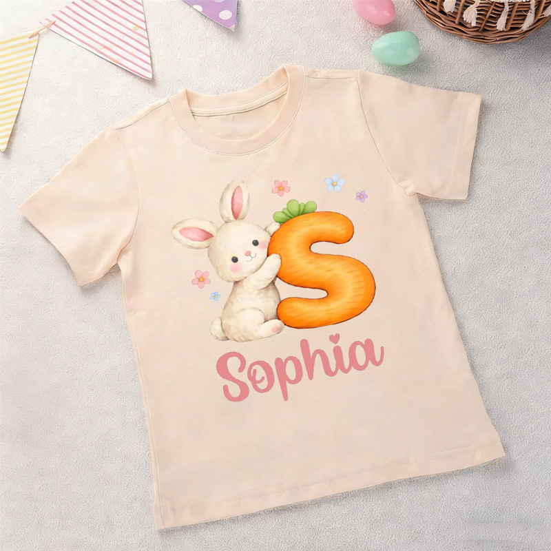 Personalized Easter Bunny Carrot Letter Custom Name Cute Spring Celebration Gift Kid T-shirt