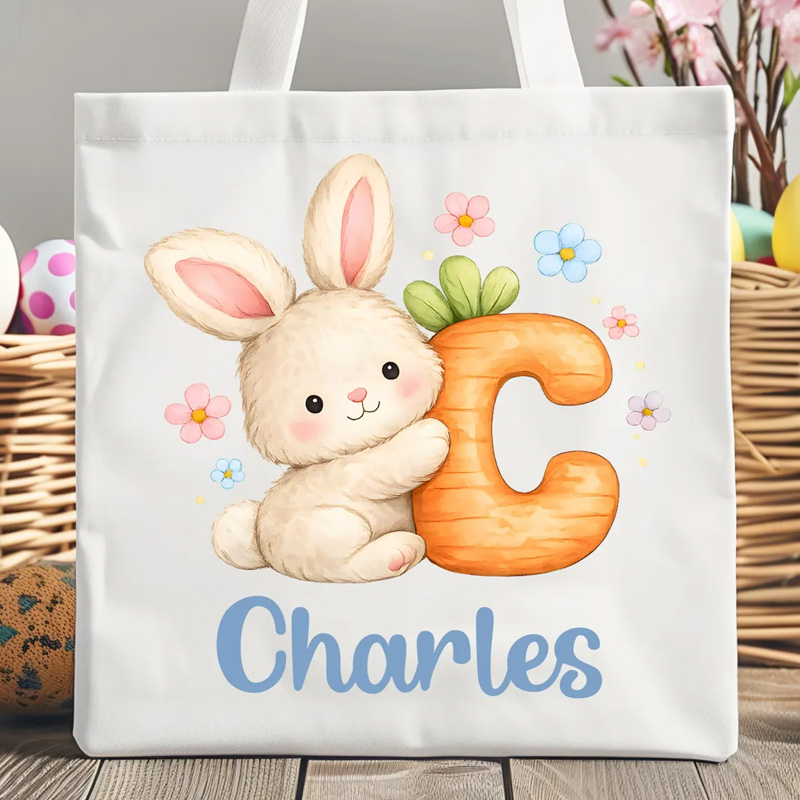 Personalized Adorable Rabbit Initial Custom Name Spring Celebration Kids Gift Canvas Bag