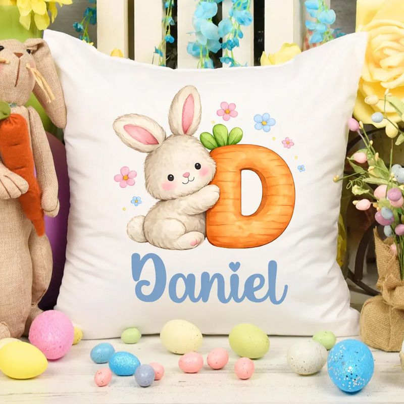 Personalized Adorable Rabbit Initial Custom Name Festive Holiday Decoration Kids Room Pillow