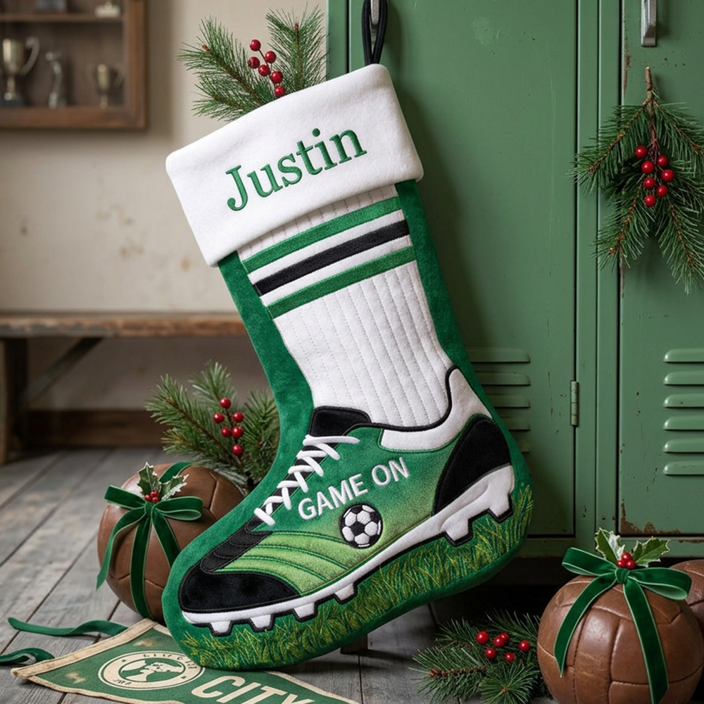 Personalized Soccer Christmas Stocking Custom Name Green Football Boot Shape Holiday Stocking For Kids Boys Sports Fans Xmas Gift
