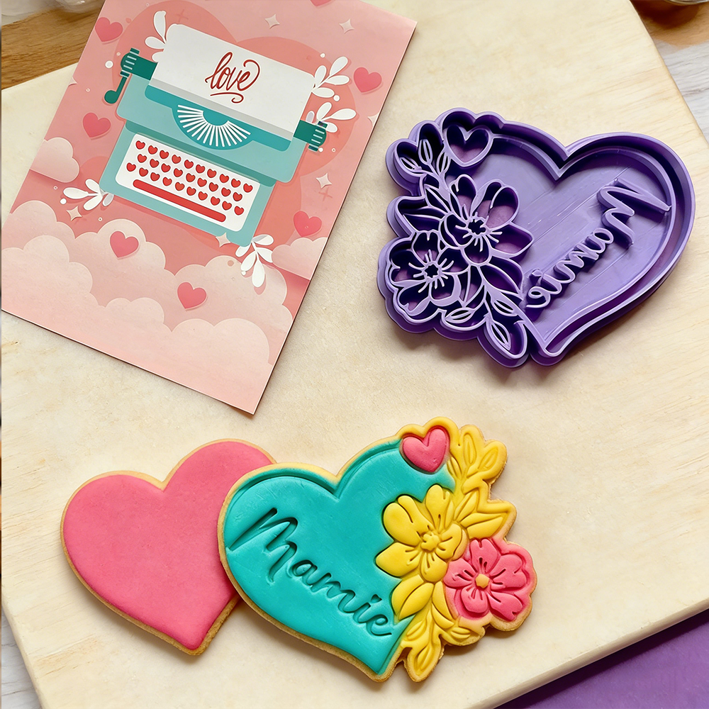 Personalized Mom Heart Flower Cookie Cutter and Embosser Mold Mother’s Day Floral Design Perfect for Family Baking