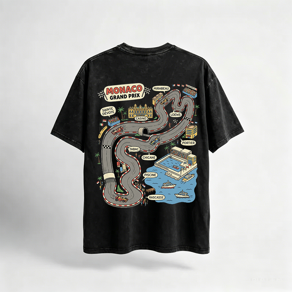 Retro Washed Black Monaco Circuit T-Shirt, "Tired Dad Club" Racing Graphic Tee, Oversized Auto Enthusiast Shirt for Fathers & F1 Fans