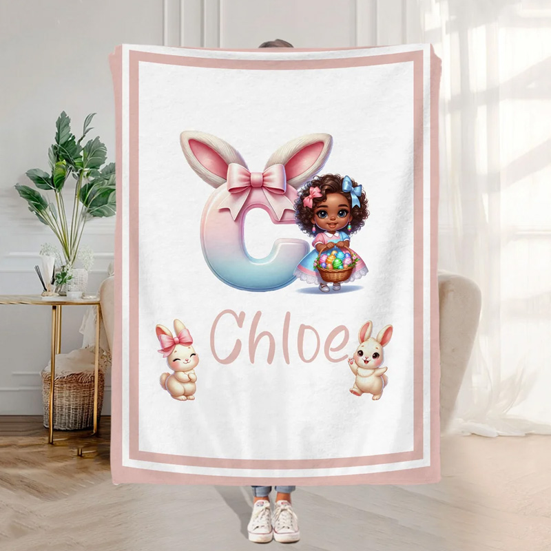 Personalized Cartoon Black Girl Soft Throw Blanket with Name Home Decor Easter Birthday Gift for Girls