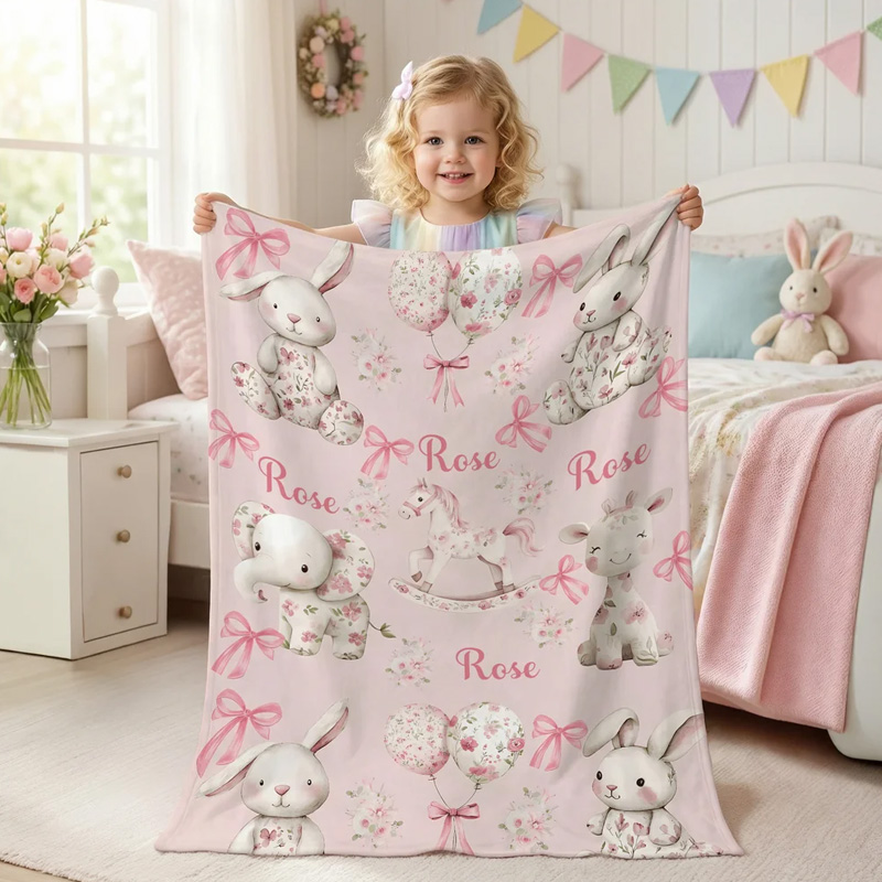 Personalized Floral Bunny Elephant Ponny Pink Soft Throw Blanket with Name Nursery Decor Easter Birthday Gift for Kids Girls