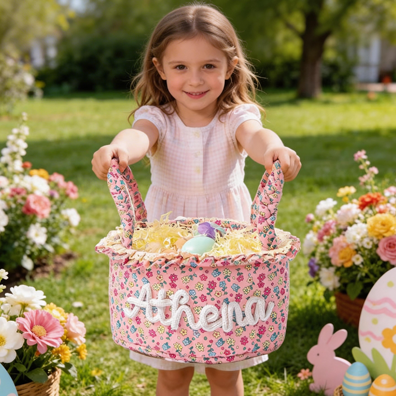 Personalized Kids Easter Basket Personalized Quilted Easter Egg Hunt Basket Cotton Baby Gift Basket Baby Name Basket Easter Basket Spring Decor Basket