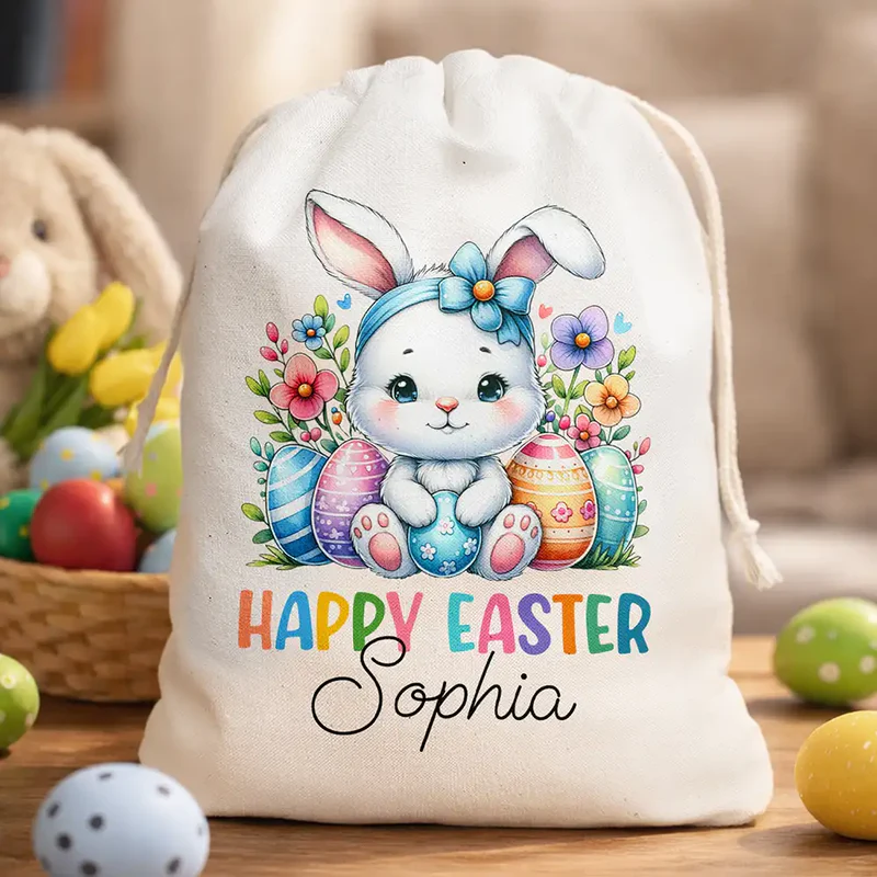 Personalized Happy Easter Watercolor Bunny Favor Bag Easter Party Favors Bunny Drawstring Bags Reusable Easter Bags