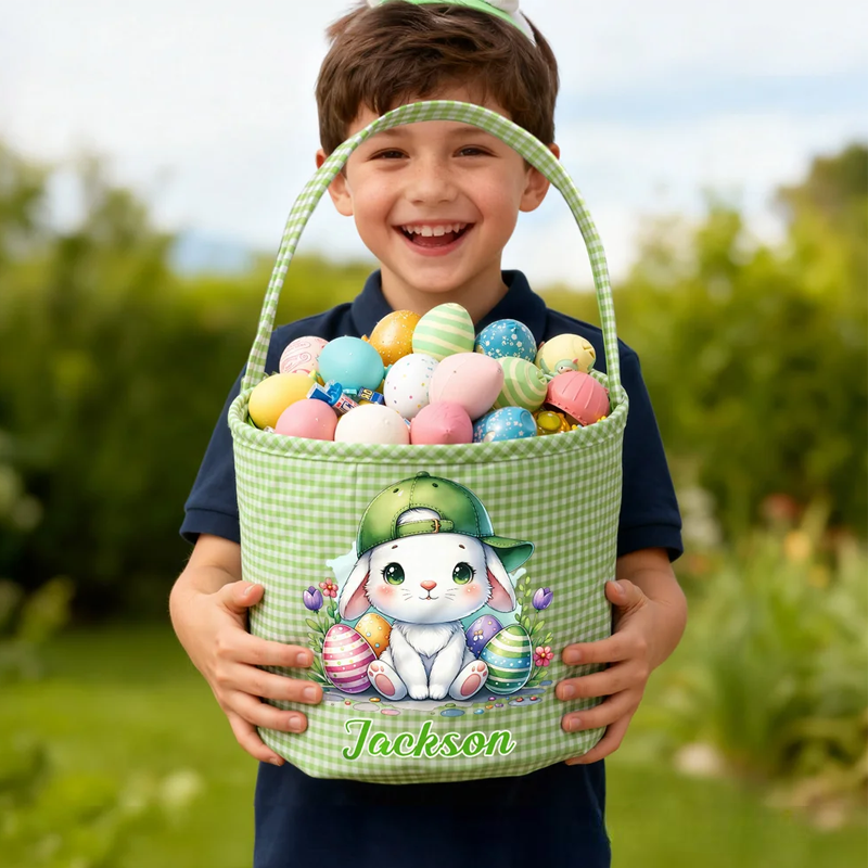 Personalized Cartoon Cute Bunny Chick Reusable Easter Plaid Basket with Name Easter Egg Hunt Easter Party Gift for Kids