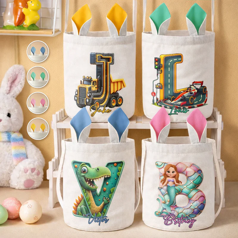 Personalized Happy Easter 3D Race Car Truck Dinosaur Mermaid Alphabet Bunny Ears Bucket Bag Easter Gift for Kids
