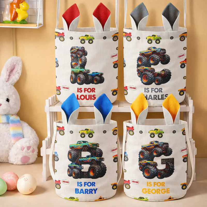 Personalized Kid Monster Truck Toy Container Monogram Initial Bunny Ears Bucket Bag Easter Gift for Kids