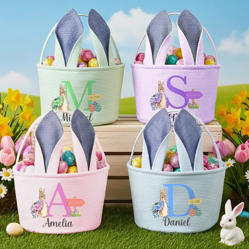 Personalized Cute Peter Rabbit Ears Stripe Easter Basket with Name and Initial Easter Party Favor Eggs Hunting Gift for Kids