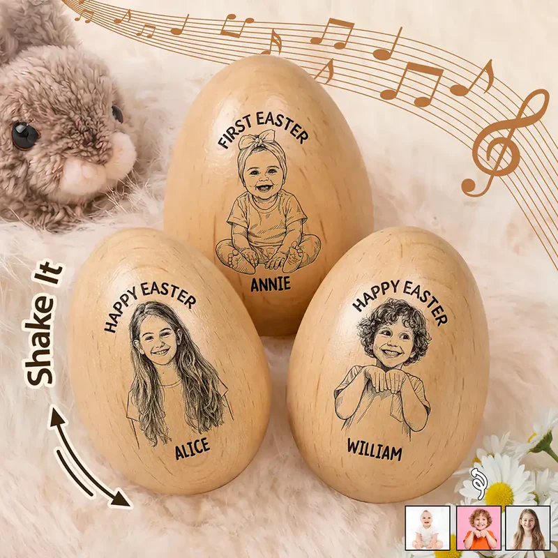 Personalized Photo Pencil Sketch Happy Kids Easter Musical Wooden Easter Egg Kids Easter Gifts Baby First Easter