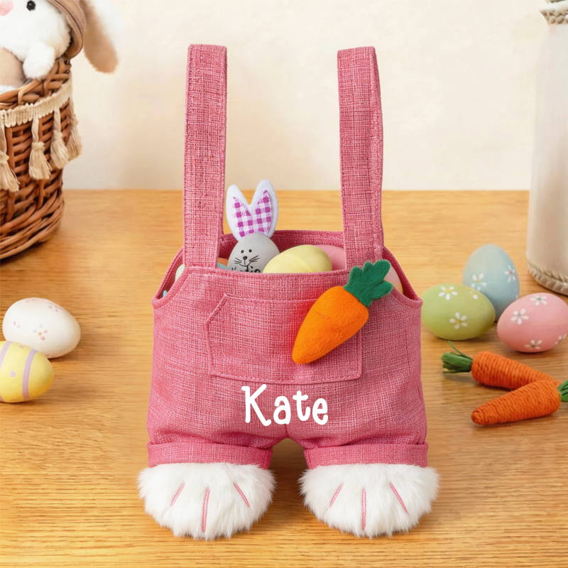 Personalized Cute Easter Bunny Overalls Tote Bag with Name Happy Easter Egg Hunting Gift for Kids