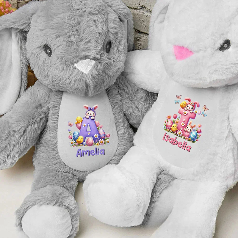 Personalized Easter Egg Cartoon Rabbit Flowers Plush Bunny Stuffed Toy with Initial and Name Easter Gift for Boys Girls