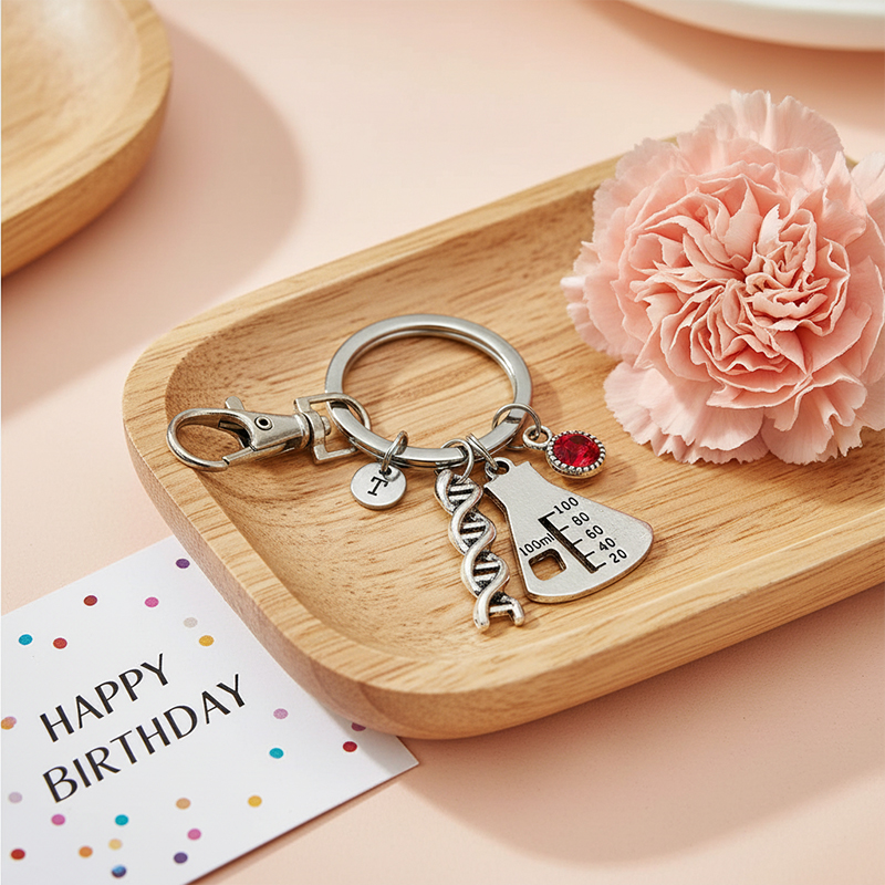 Personalized Science Charm Keychain for Kids Custom Name Initial and Birthstone Metal Charm Cute Lab Equipment Gift DNA  Beaker  Microscope Gift for Lab Tech or Student