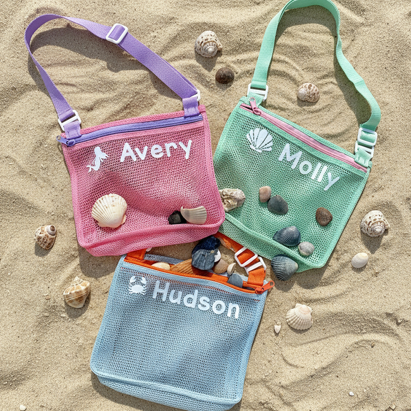 Personalized Seashell Zipper Mesh Back Pack Tote Custom Name and Shell Print Lightweight Washable Travel Pool Bag for Toddlers Kids Zip Beach Bag Monogrammed Backpack Sea Shell Bags Summer Pool Accessories