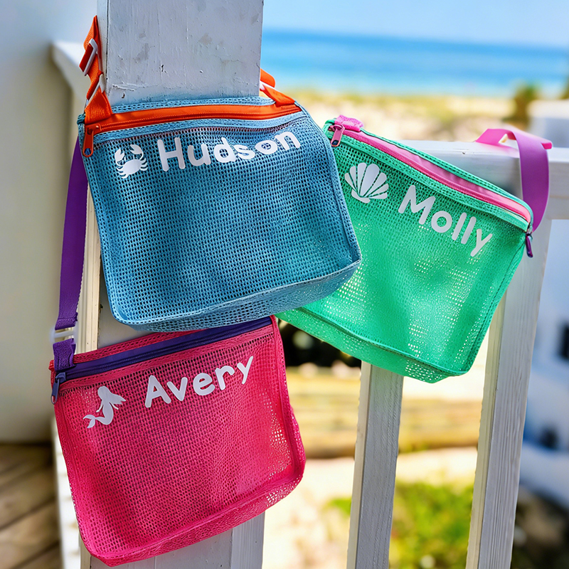 Personalized Seashell Zipper Mesh Back Pack Tote Custom Name and Shell Print Lightweight Washable Travel Pool Bag for Toddlers Kids Zip Beach Bag Monogrammed Backpack Sea Shell Bags Summer Pool Accessories