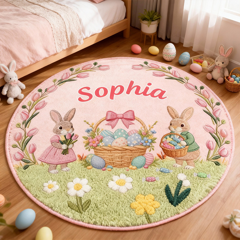 Personalized Cute Bunny Theme Custom Name Round Nursery Floor Mat Holiday Carpet Rug