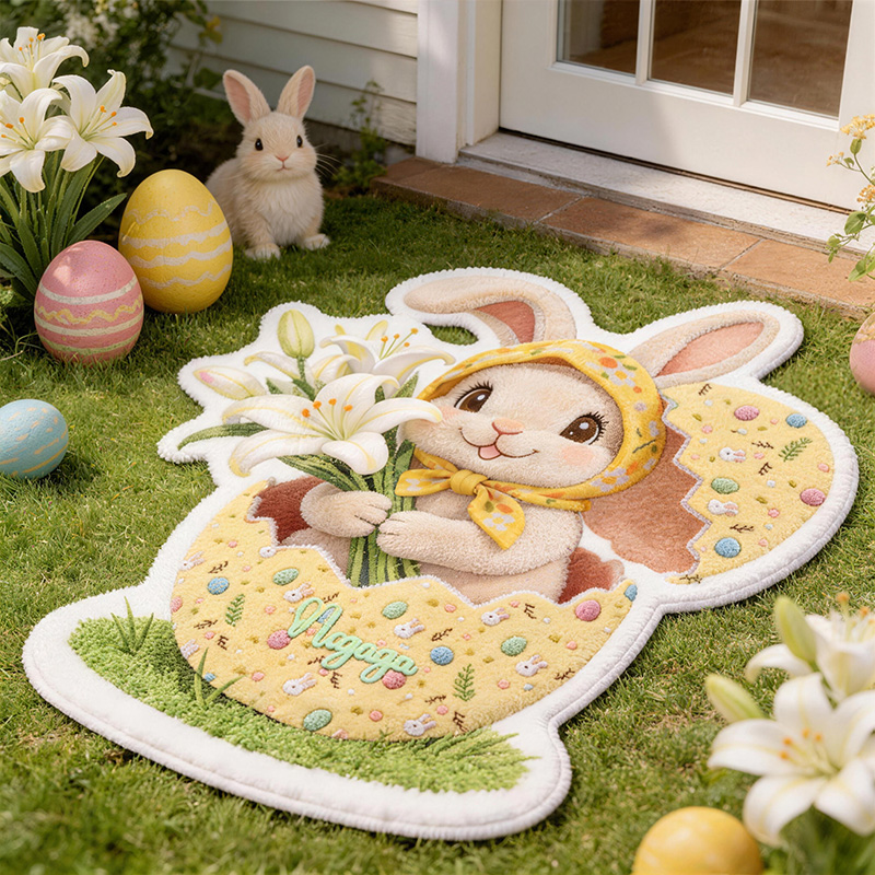 Personalized Floral Rabbit Design Custom Name Colorful Holiday Garden Welcome Carpet Rug