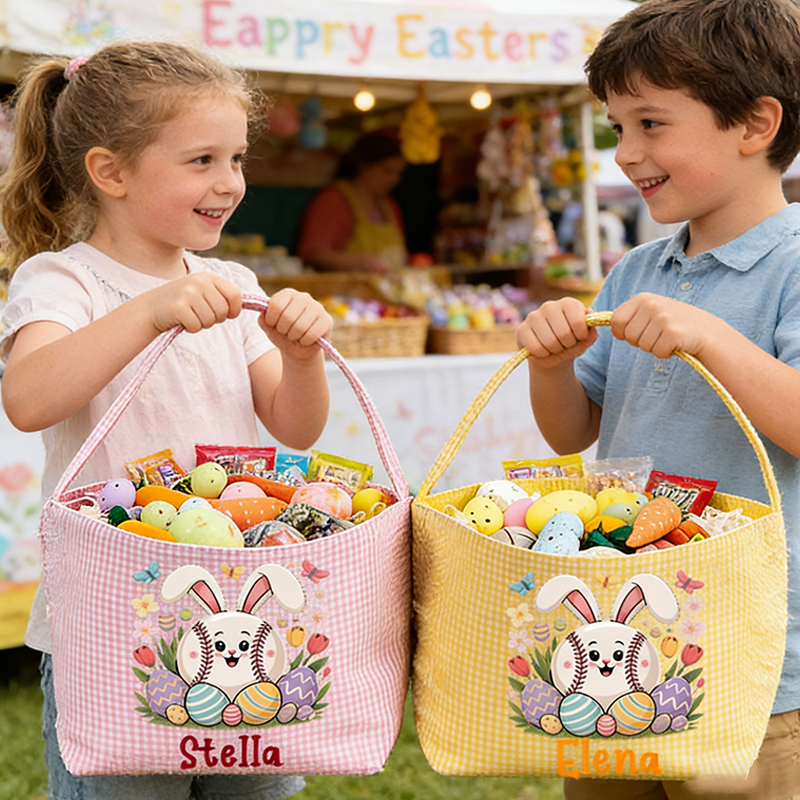 Personalized Easter Baseball Bunny & Egg Basket - Custom Name Tote for Girls and Boys