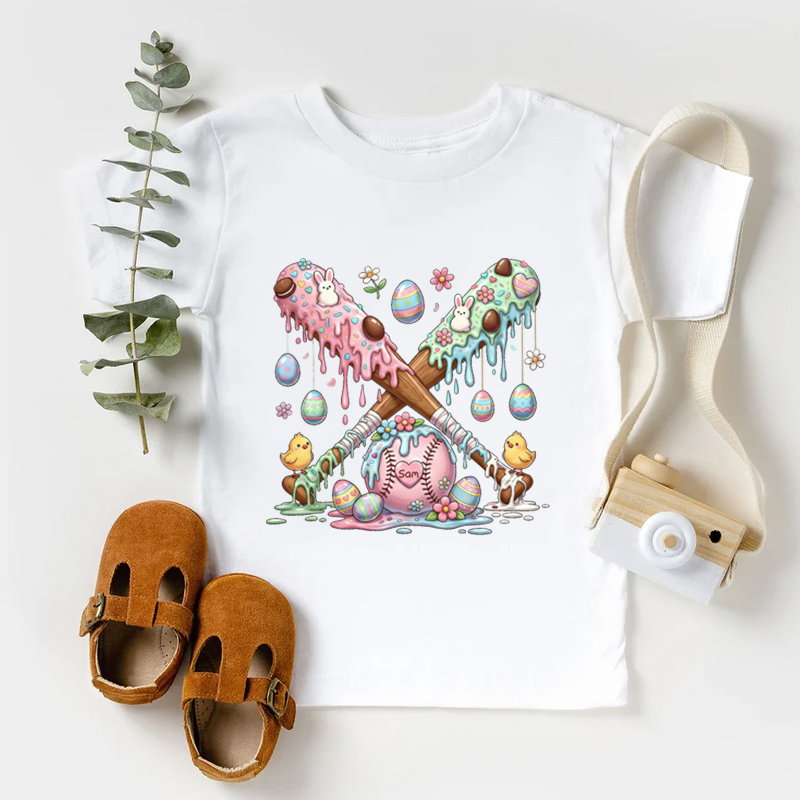 Personalized Easter Baseball Kids T-Shirt Bunny Chick Easter Eggs with Custom Name