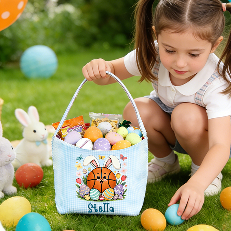 Personalized Basketball Bunny Easter Basket with Custom Name Gingham Tote for Kids Easter Gifts