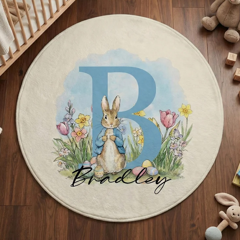 Personalized Cute Peter Rabbit Easter Egg Round Floor Mat with Name and Initial Home Decor Easter Gift for Infants Children