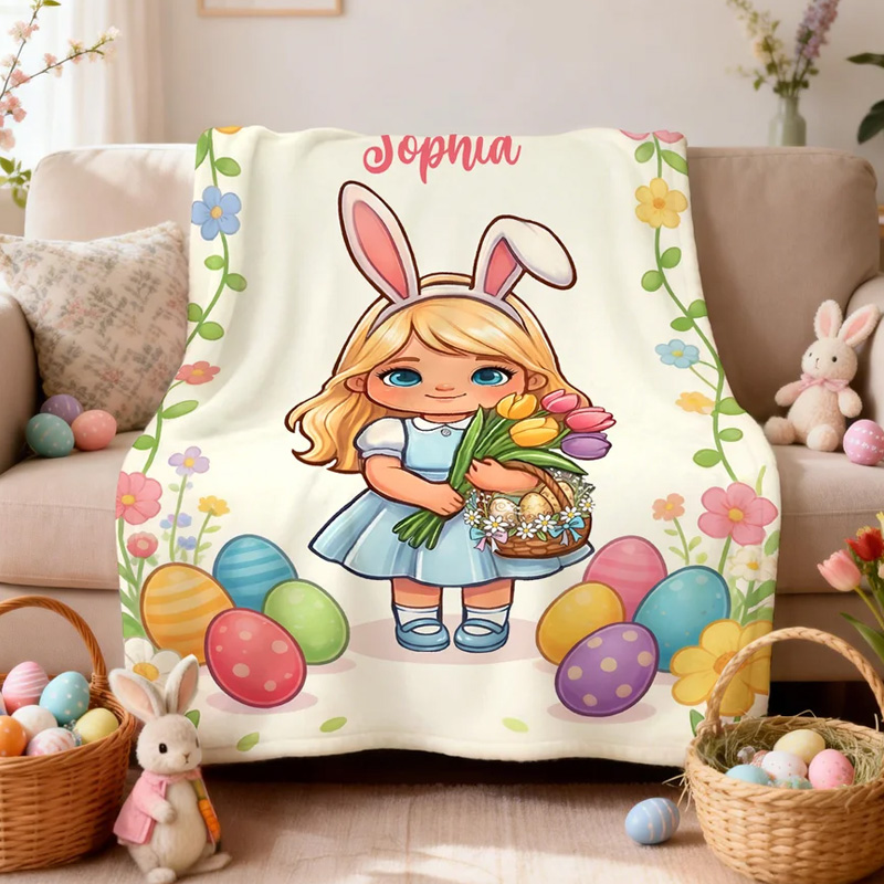Personalized Cute Character Easter Egg Soft Throw Blanket with Name Home Use Easter Gift for Boys Girls