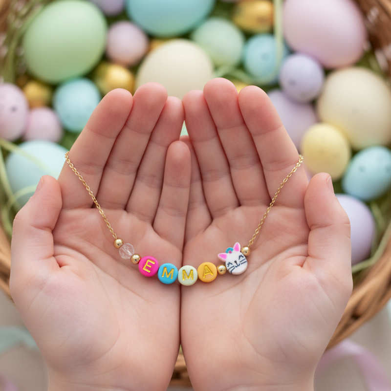 Personalized Kids Easter Name Necklace Gold-Plated Custom Letter Choker  Bunny Daisy Heart Easter Basket Stuffer for Girls