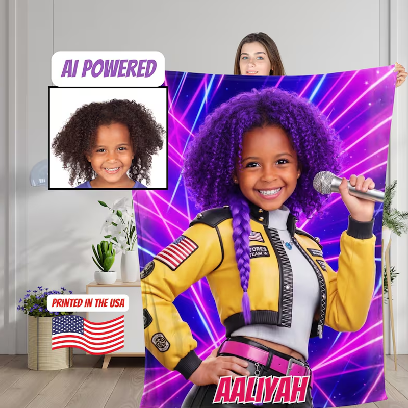 Personalized Pop Star Girl Blanket with Child’s Face & Name Anime Style Girl Gift Funs Lover Gifts