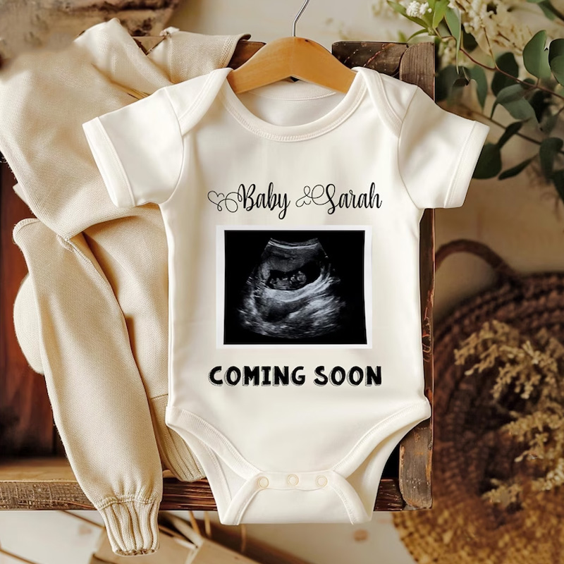 Personalized Pregnancy Announcement Theme Custom Name Ultrasound Photo Coming Soon Baby Bodysuit
