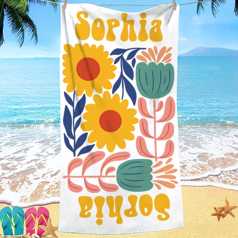 Personalized Yellow Floral Quick Dry Oversized Beach Towel with Name Summer Vacation Pool Party Gift for Kids