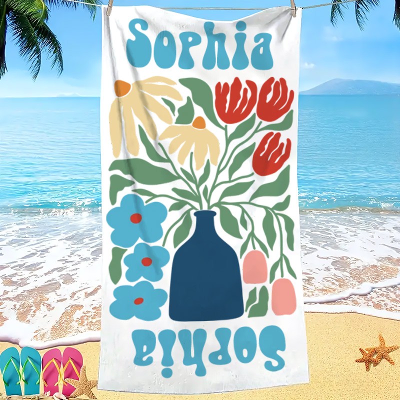 Personalized Blue Floral Quick Dry Oversized Beach Towel with Name Summer Vacation Pool Party Gift for Kids