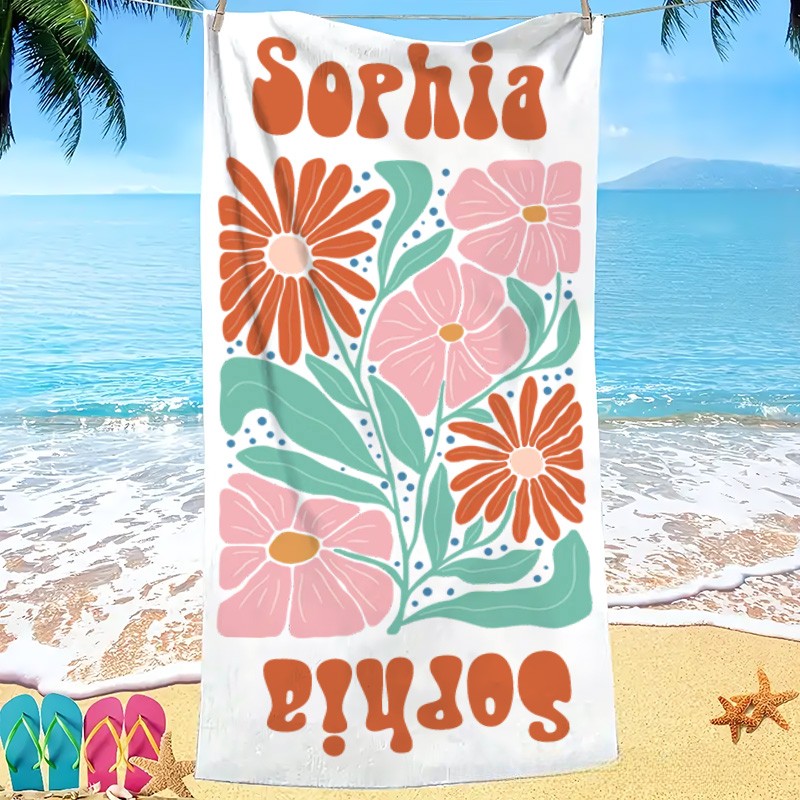 Personalized Pink Floral Quick Dry Oversized Beach Towel with Name Summer Vacation Pool Party Gift for Kids