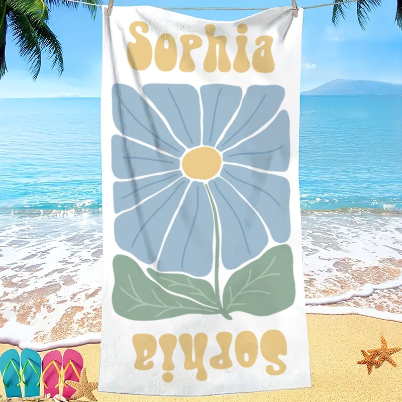 Personalized Blue Floral Quick Dry Oversized Beach Towel with Name Summer Vacation Pool Party Gifts for Kids