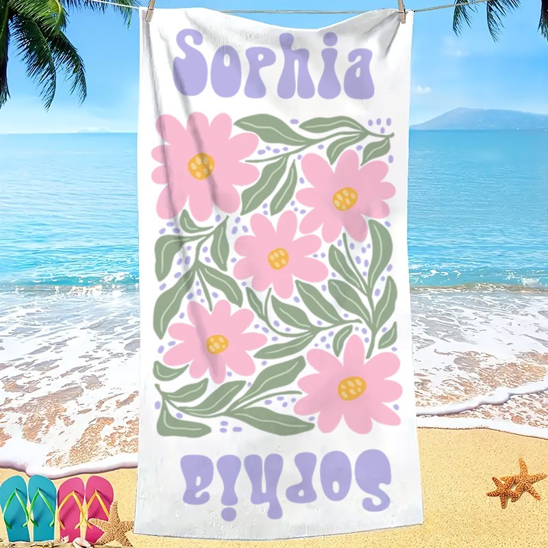 Personalized Pink Floral Quick Dry Oversized Beach Towel with Name Summer Vacation Pool Party Gifts for Kid