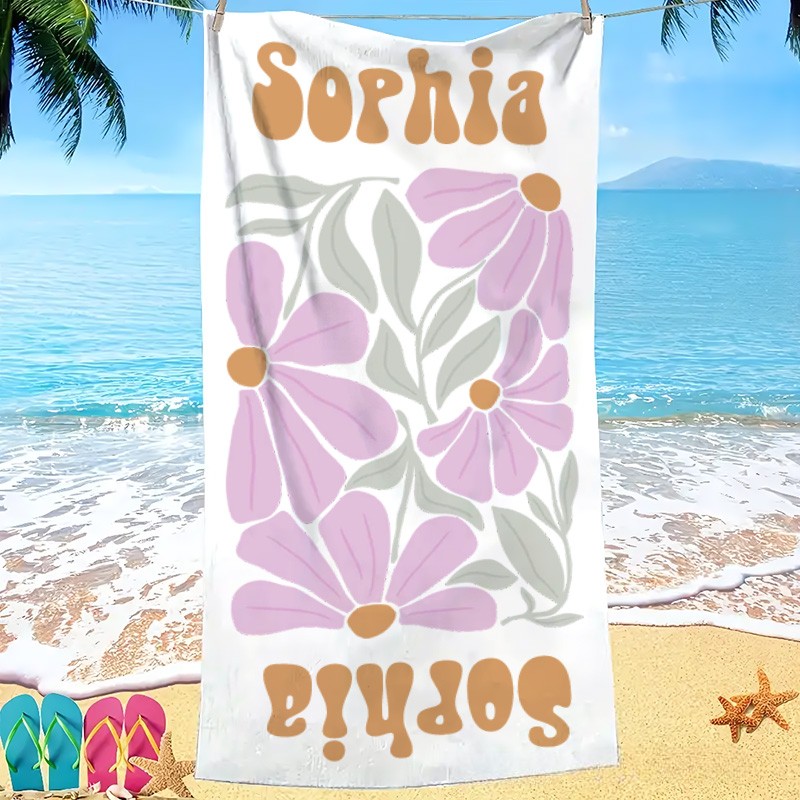 Personalized Purple Floral Quick Dry Oversized Beach Towel with Name Summer Vacation Pool Party Gifts for Kid